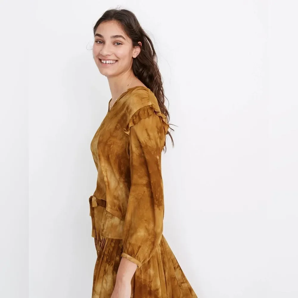 Madewell Tie Dye Ruffle Shoulder Top Brown Size S Long Sleeve Cropped - Picture 2 of 3